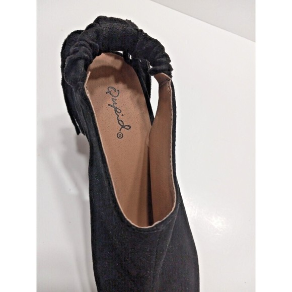Qupid Platform Wedge Fringed Heel Sandal Black Suede Leather Elastic Back - Picture 5 of 12